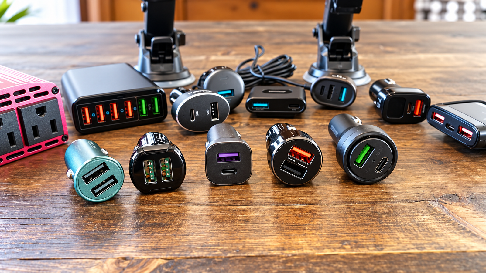 Best car chargers lineup in 2026 — multi-port chargers on a vehicle dashboard
