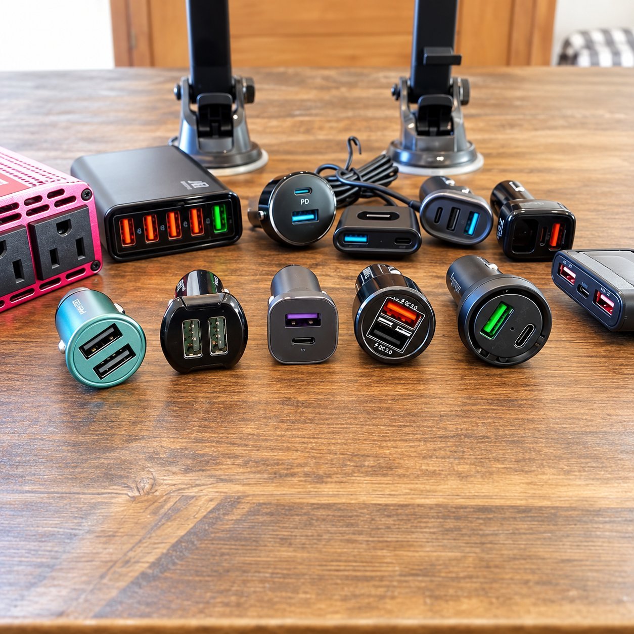 Variety of car chargers displayed on a wooden table