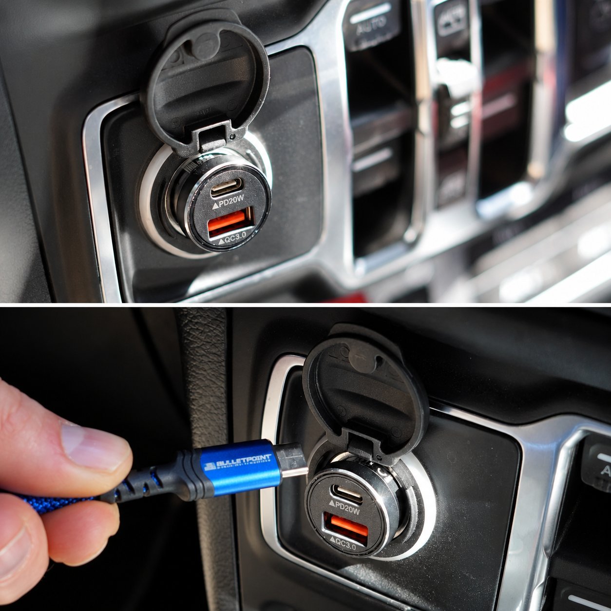 Car charger plugged into vehicle 12V socket with USB-C cable