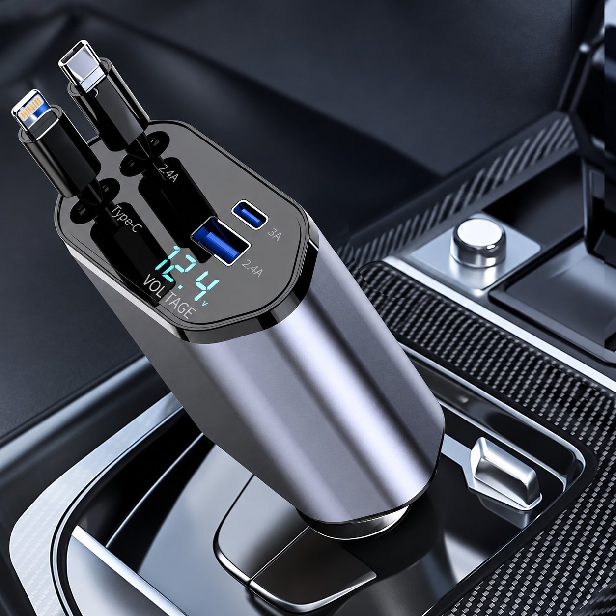 Car charger with built-in voltage display and retractable cables
