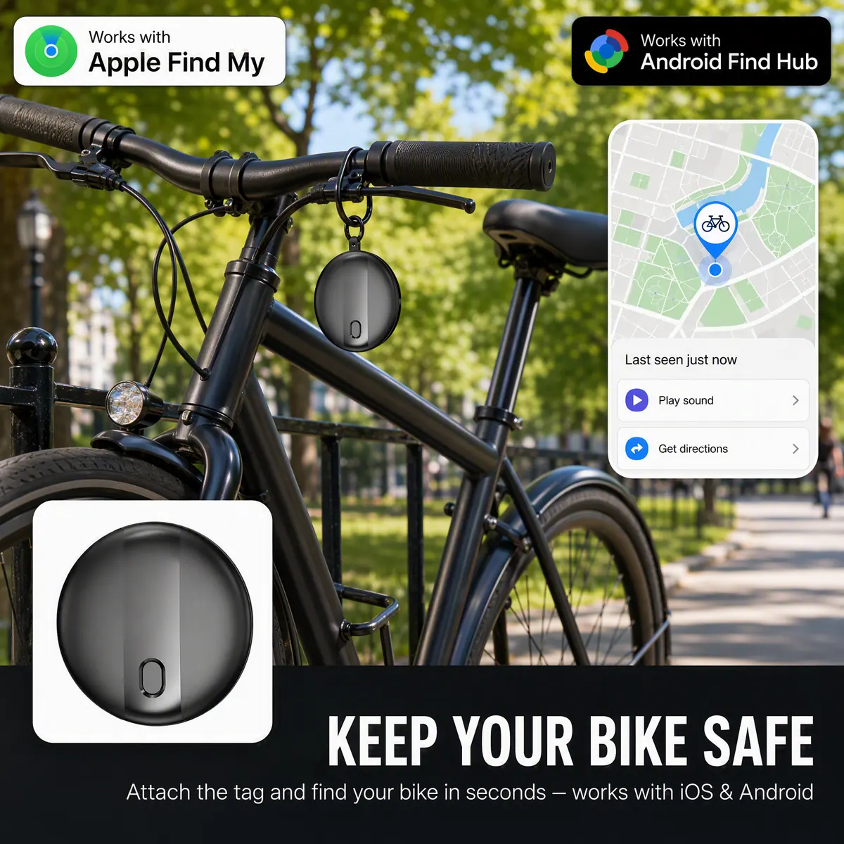 Keep your bike safe: SUNDA hidden tracker fitted to a bicycle with the Find My app open on the phone