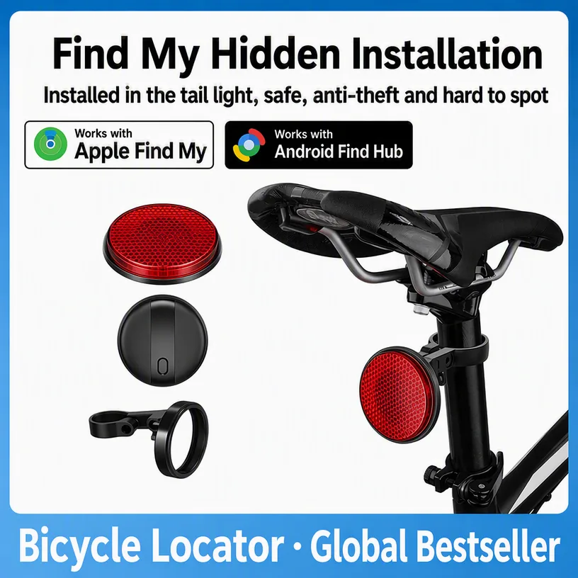 Find My hidden installation diagram showing the SUNDA bicycle locator fitted in the tail light and under the saddle
