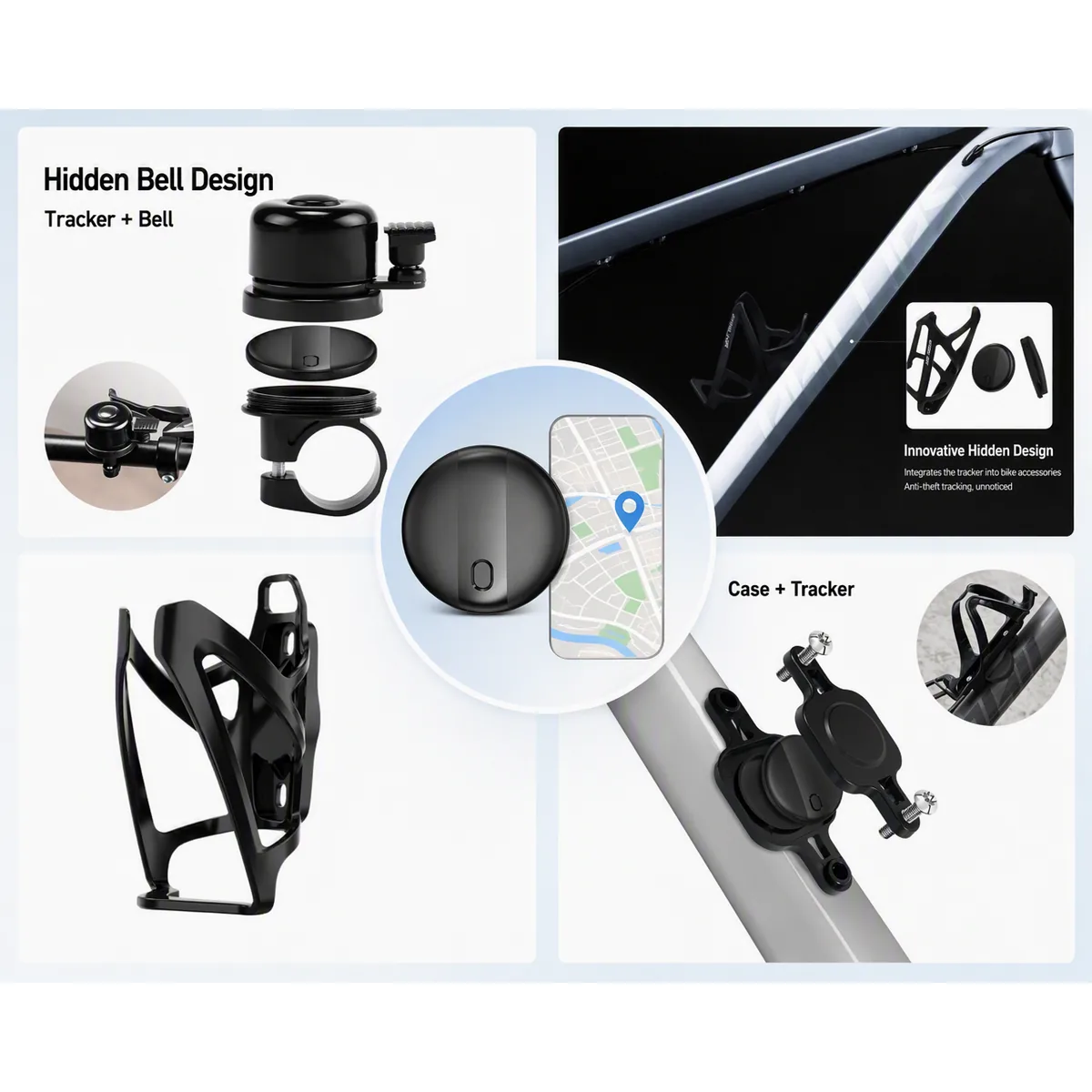 Two hidden installation positions for the SUNDA bicycle tracker: under the saddle and inside the bell housing