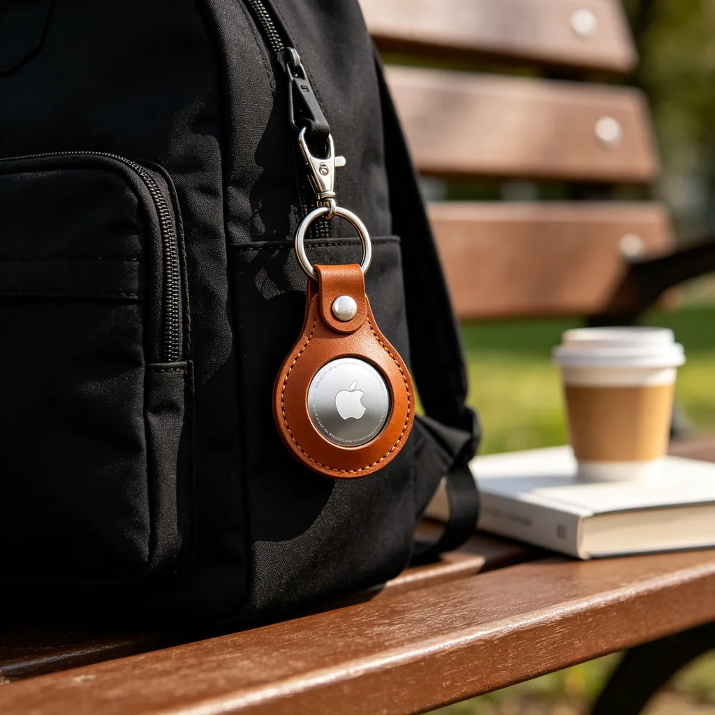 Find My tracker clipped to a backpack strap