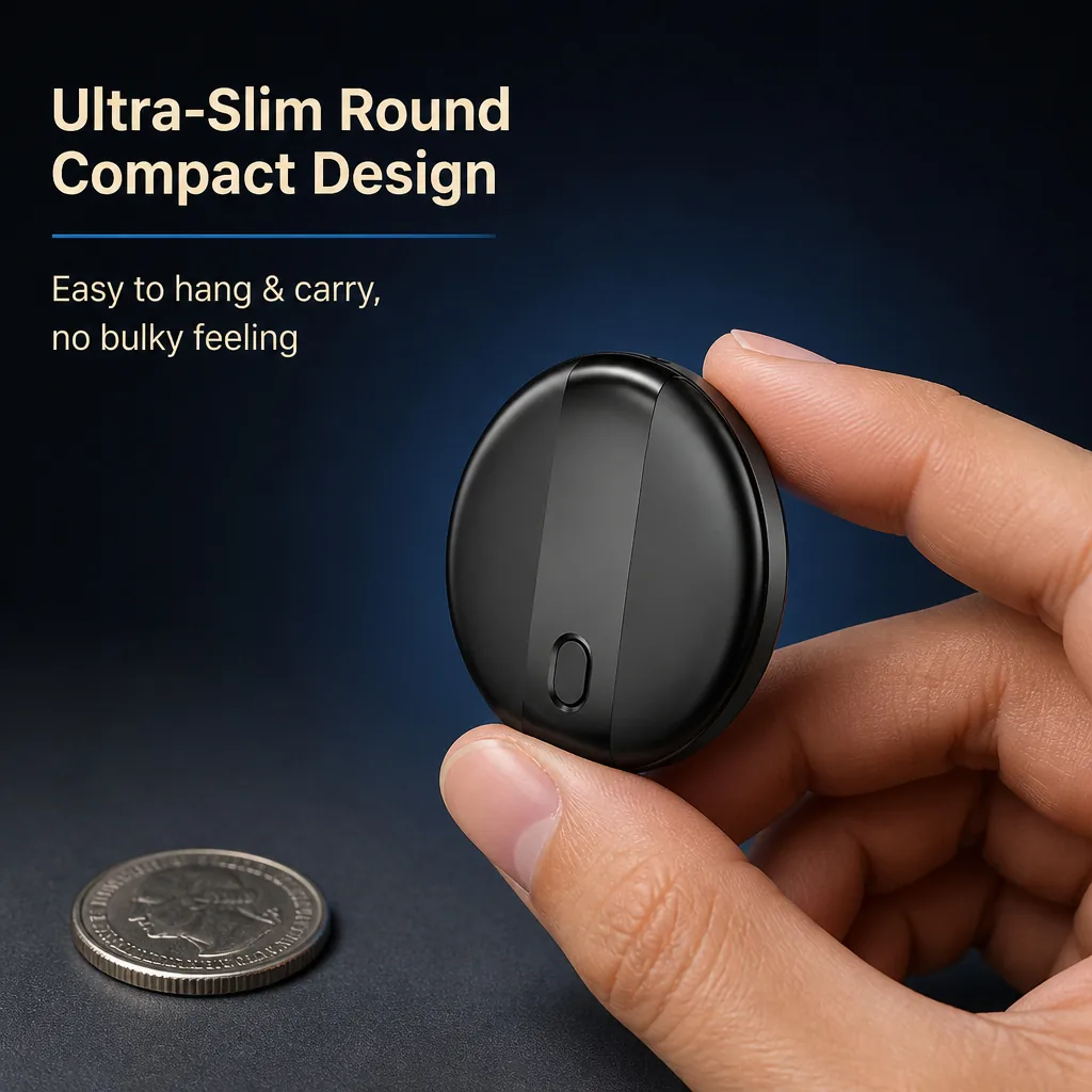 Find My tracker shown next to a coin for scale