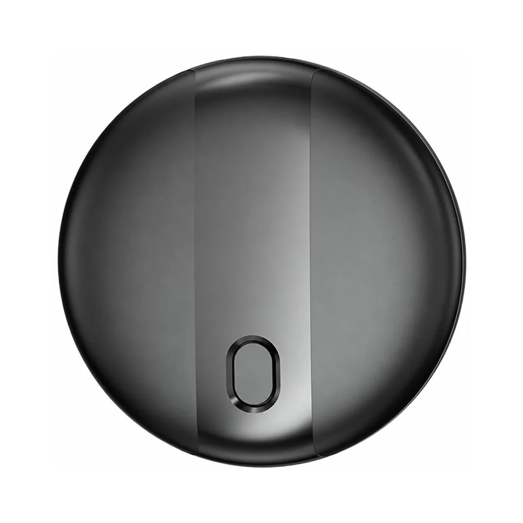 Round Bluetooth tracker tag close-up on a white background
