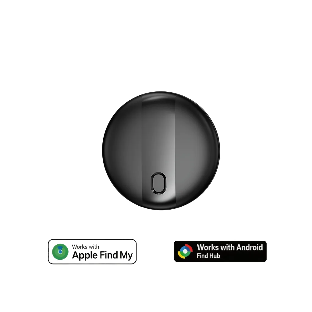 Round Bluetooth tracker close-up showing the shell finish