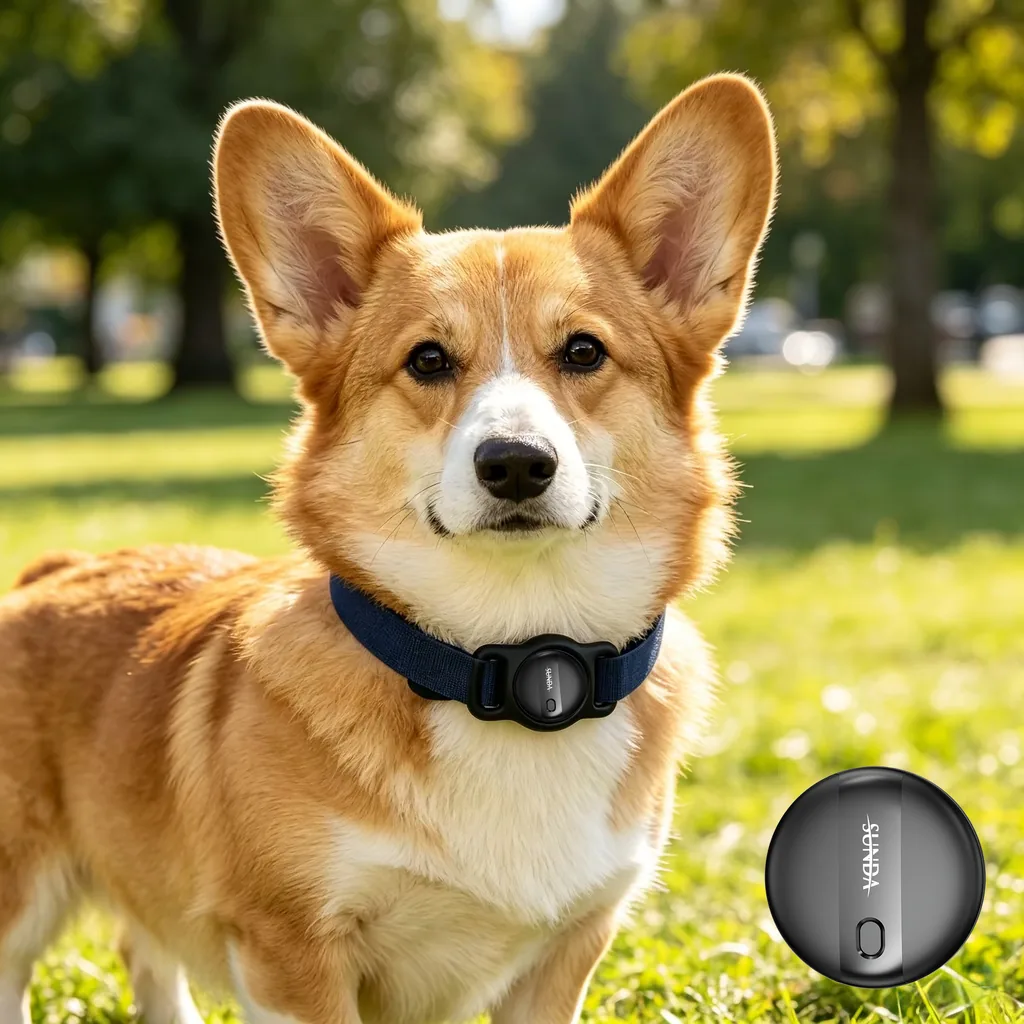 Bluetooth tracker clipped to a dog collar
