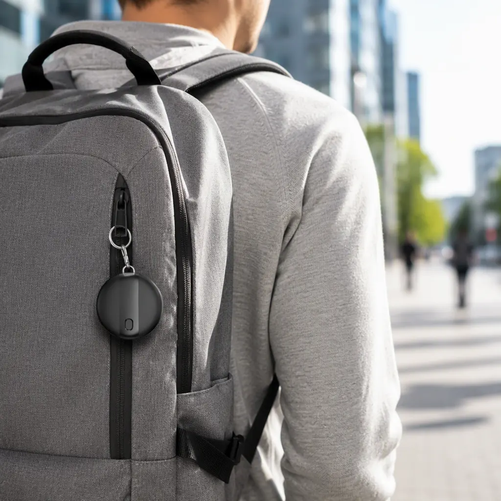 Bluetooth tracker attached to a backpack