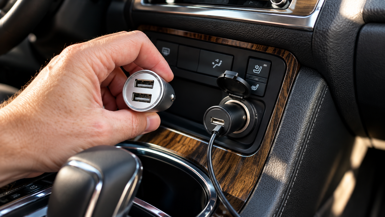Car chargers shown in a vehicle dashboard socket