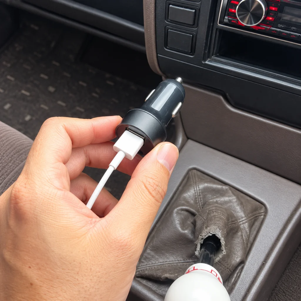 Car charger plugged into a vehicle console with charging cable