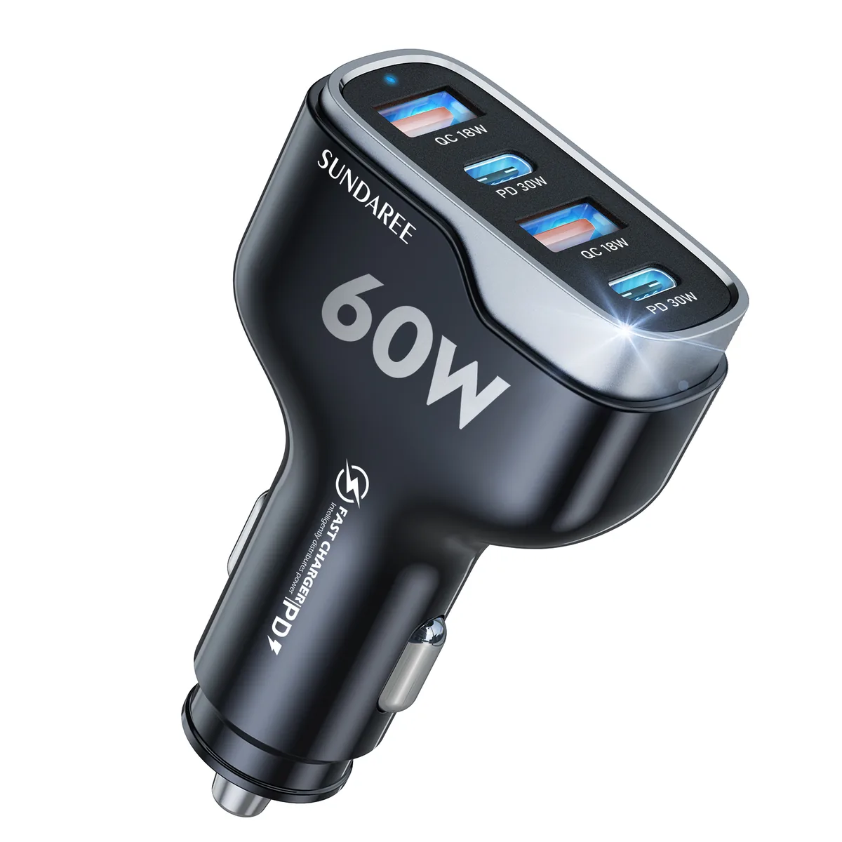 CC53 60W 4 port USB car charger black, dual PD QC3.0