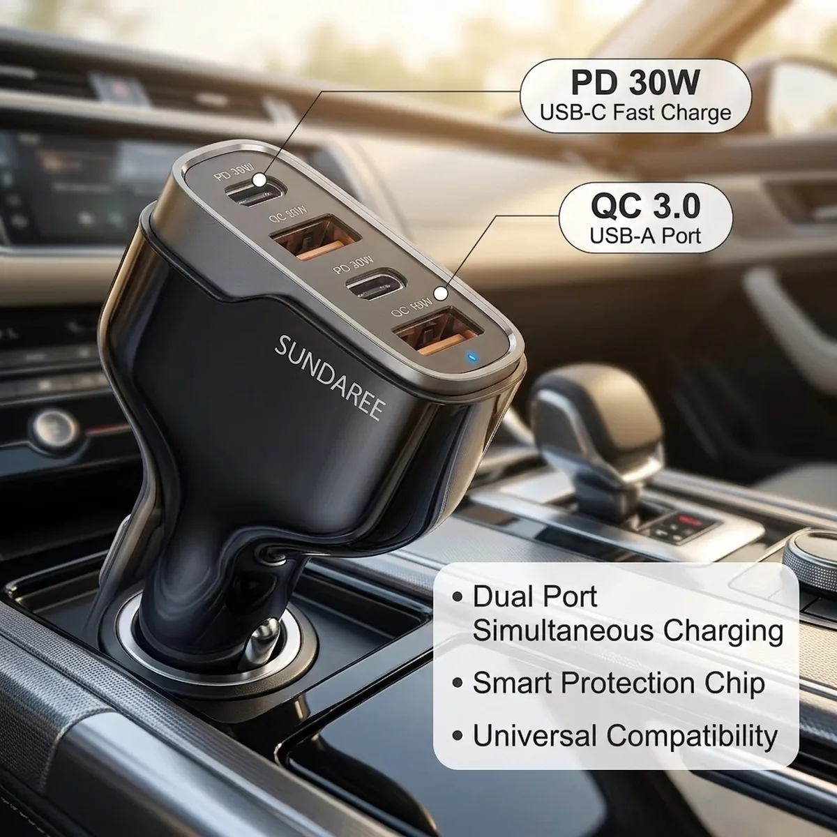 CC53 60W car charger charging 4 devices at once
