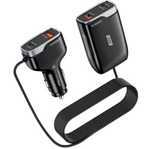 SUNDA CC-60 backseat car charger set: the front cigarette lighter plug and the rear seat module joined by a coiled cable, studio view