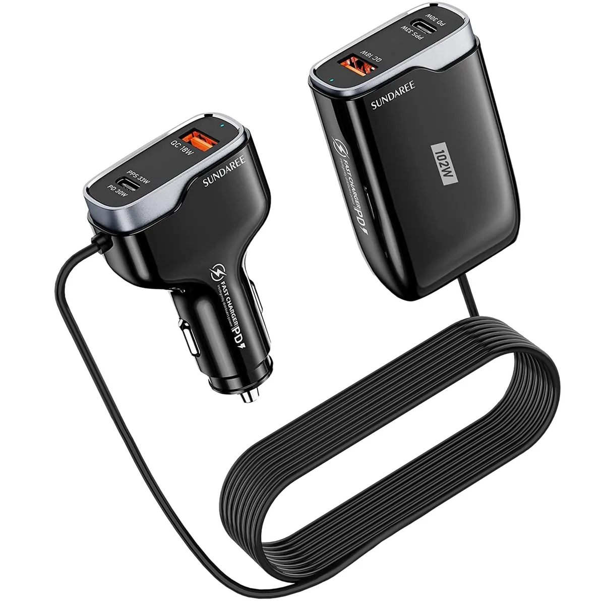 SUNDA CC-60 backseat car charger set: the front cigarette lighter plug and the rear seat module joined by a coiled cable, studio view