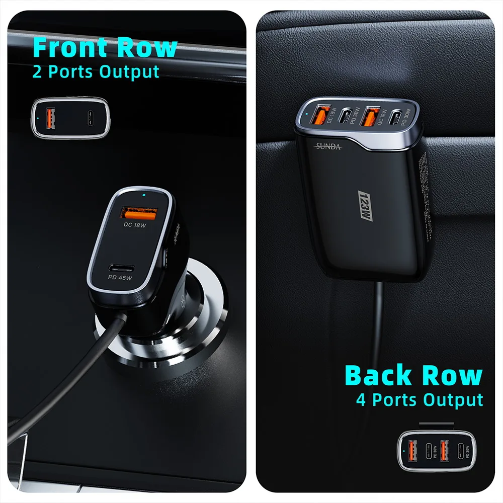 Front row and back row outputs of the SUNDA CC-60 car charger: two ports on the front plug and four ports on the rear seat module