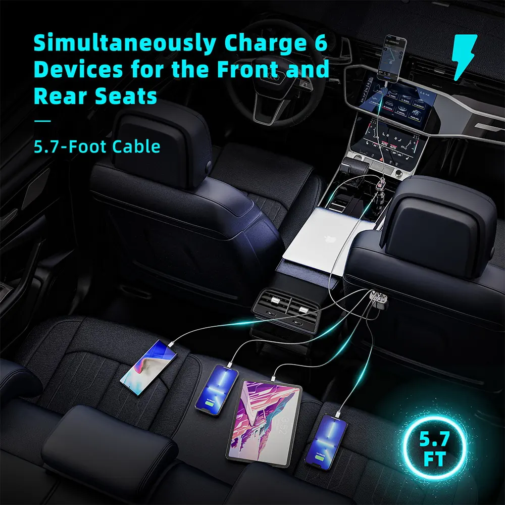Six devices charging at the same time in the front and rear seats from the SUNDA CC-60 car charger on its 5.7 foot cable