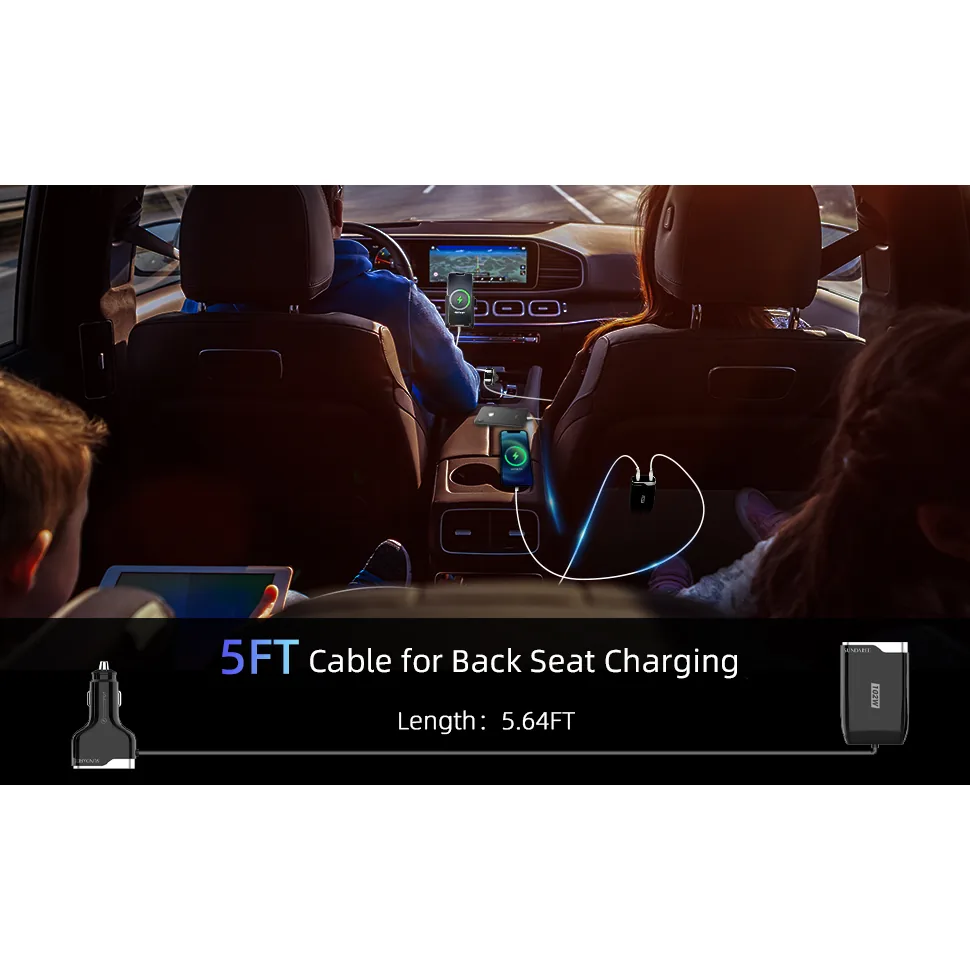 The coiled cable of the SUNDA CC-60 car charger running from the front socket to the back seat of a car