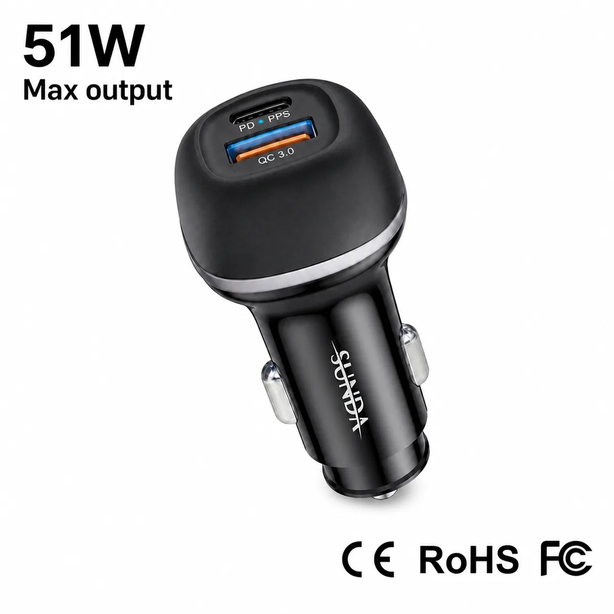 CC62 51W dual port car charger in black and white versions