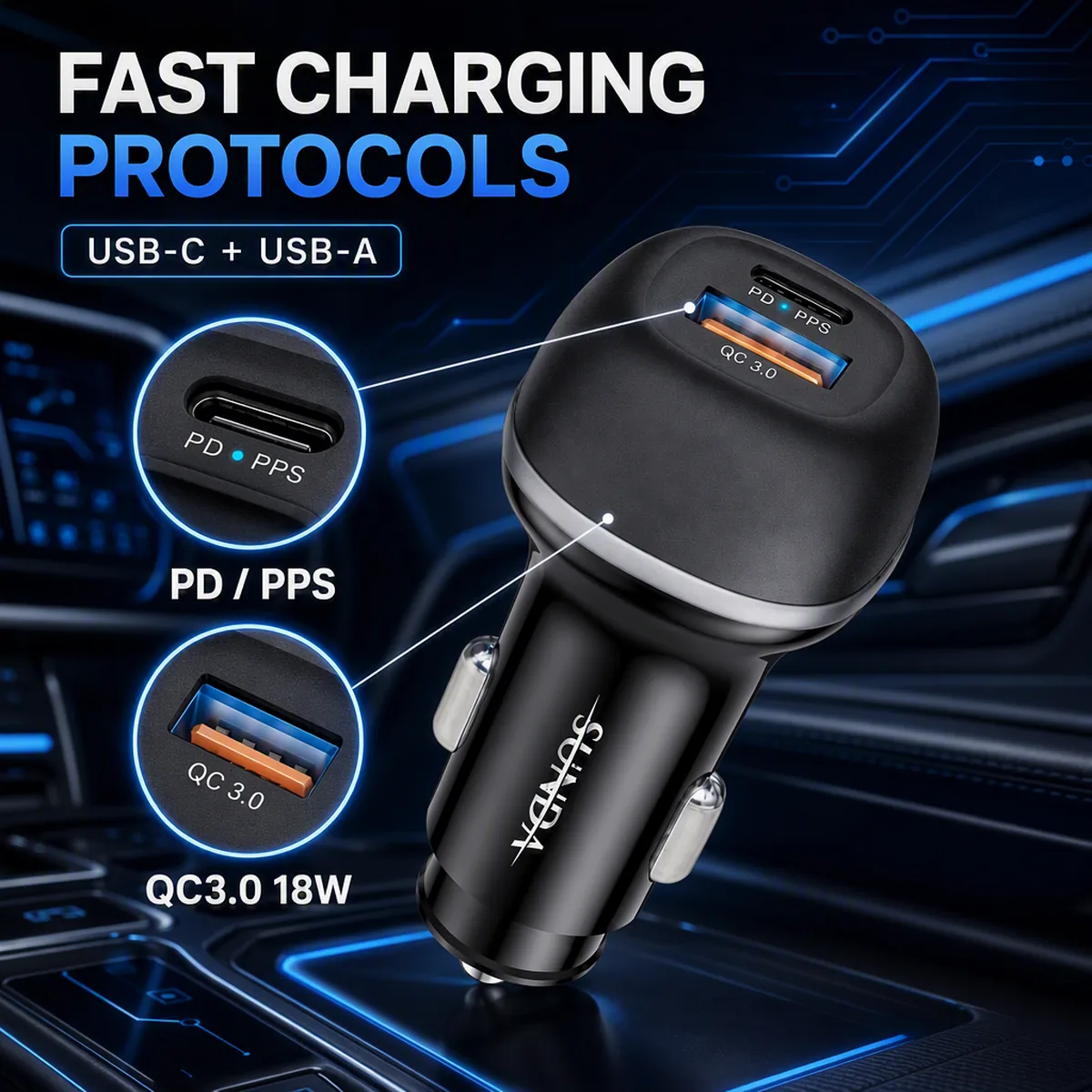 CC62 51W car charger charging two phones at the same time