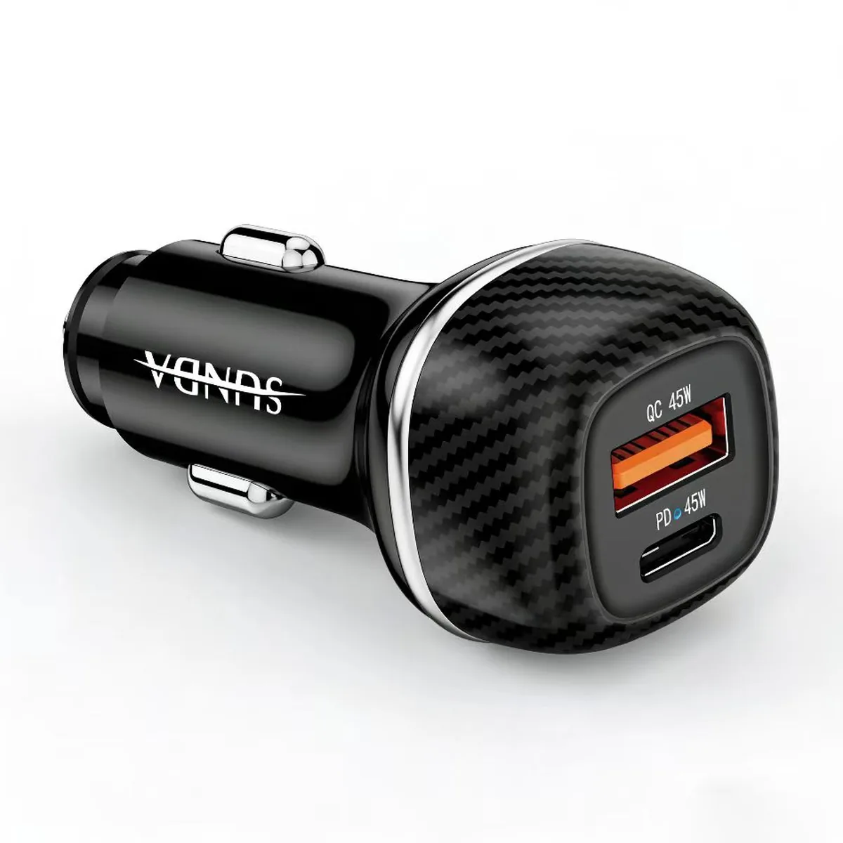 CC62 51W car charger carbon fibre finish body, front view