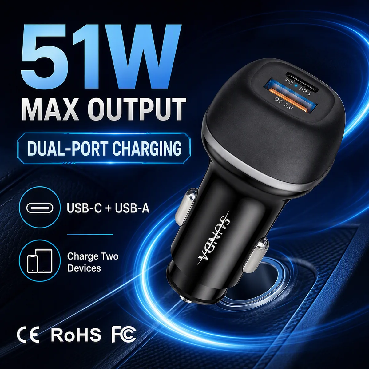 CC62 51W car charger dual-port output breakdown graphic