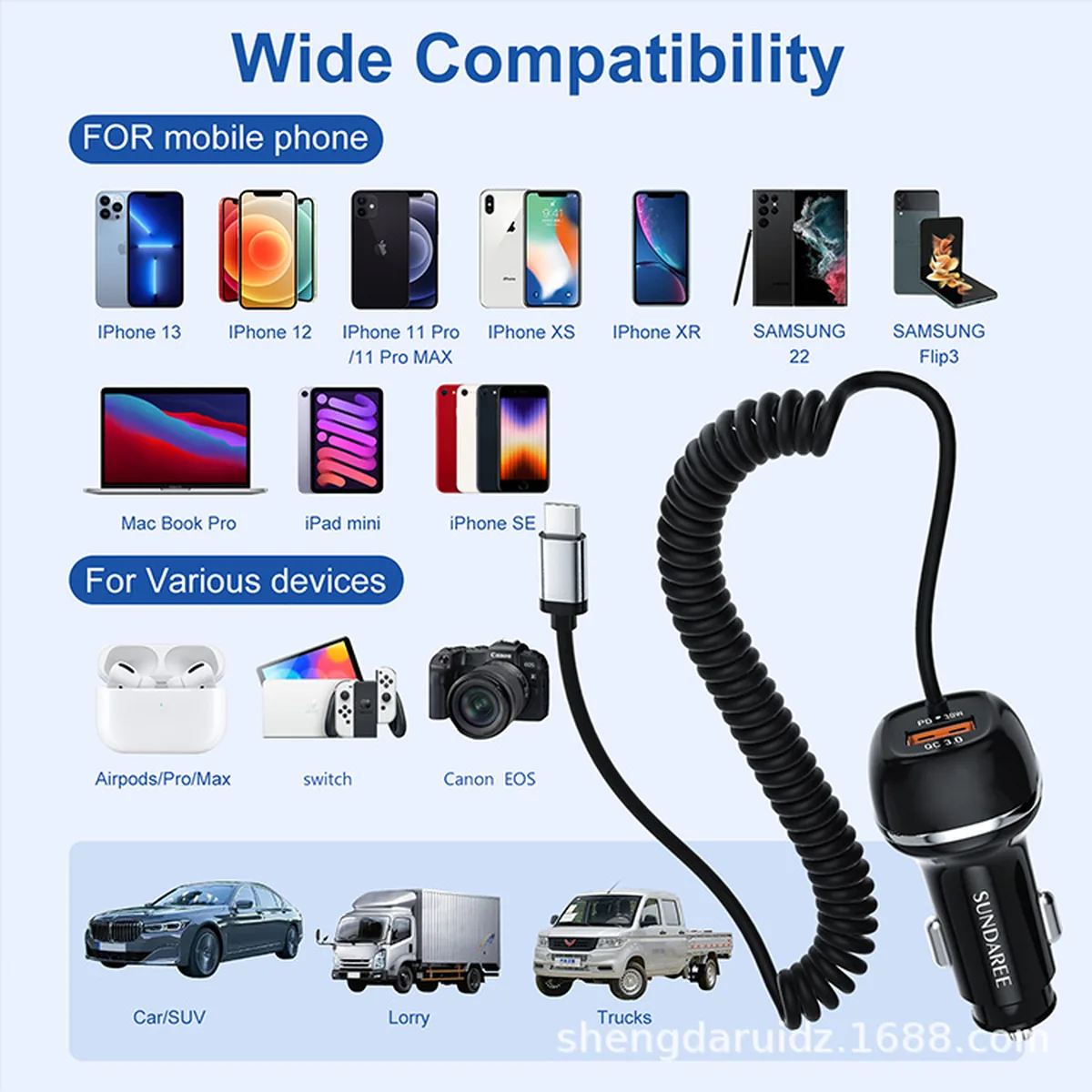 CC62 51W car charger coiled Type-C cable close-up