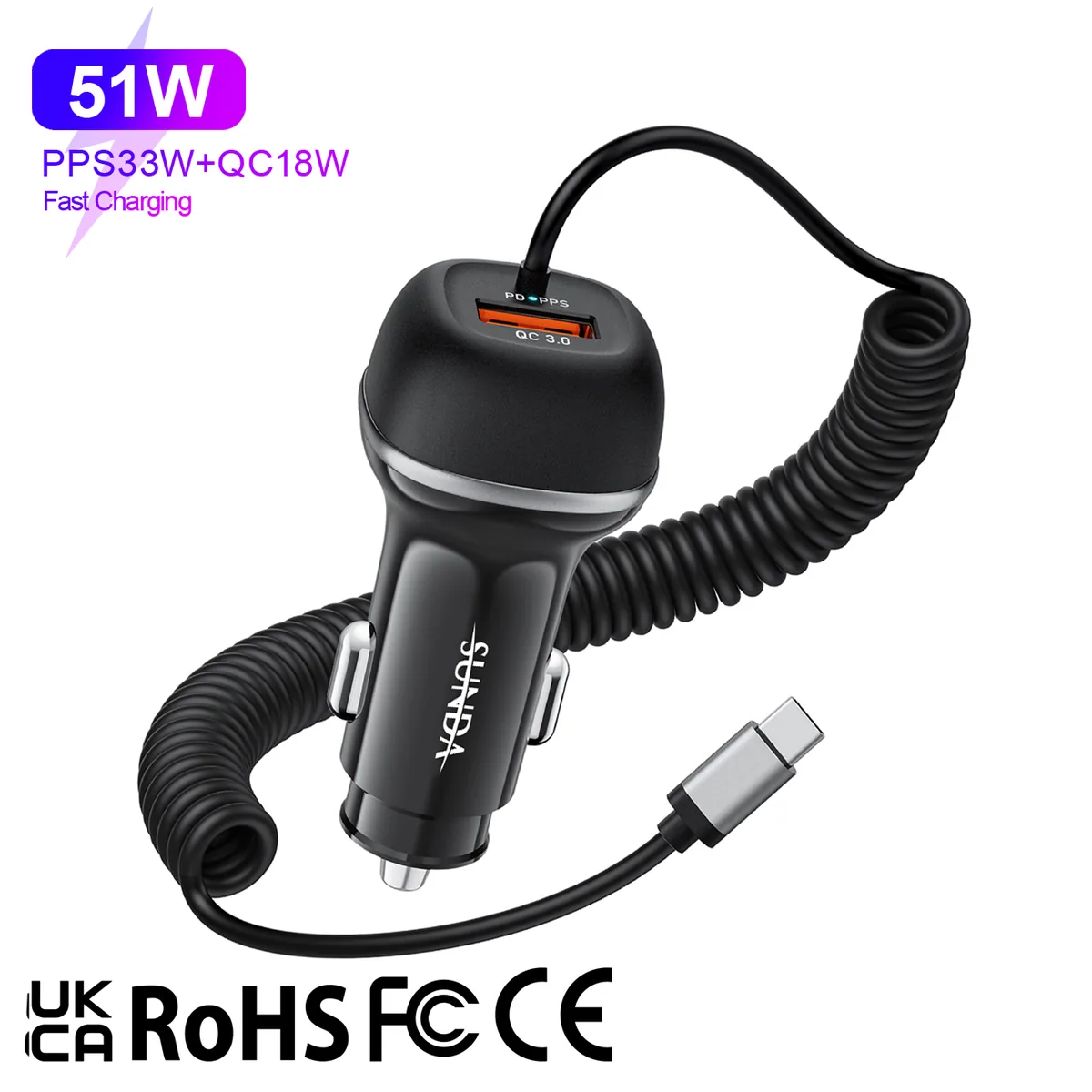 CC62 51W car charger with coiled cable and UKCA CE RoHS FCC marks