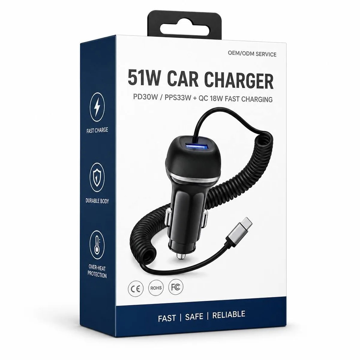 CC62 51W car charger retail packaging box, front and back