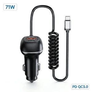 CC62 71W car charger with 1.8m spring Type-C cable, black version