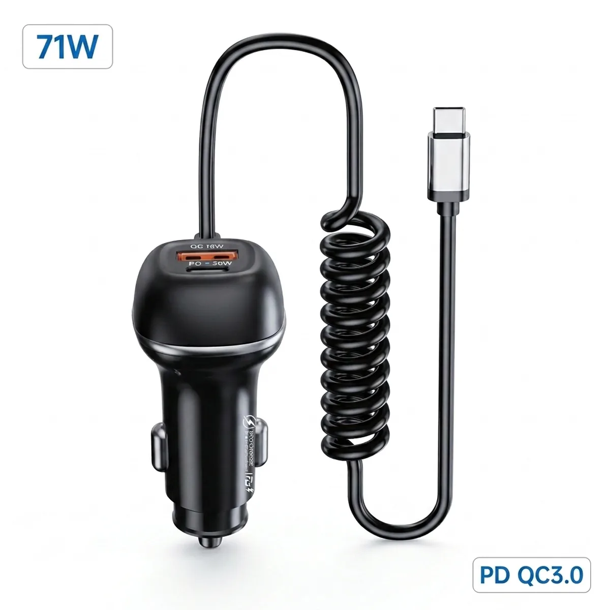 CC62 71W PD QC3.0 car charger with 1.8m spring Type-C cable