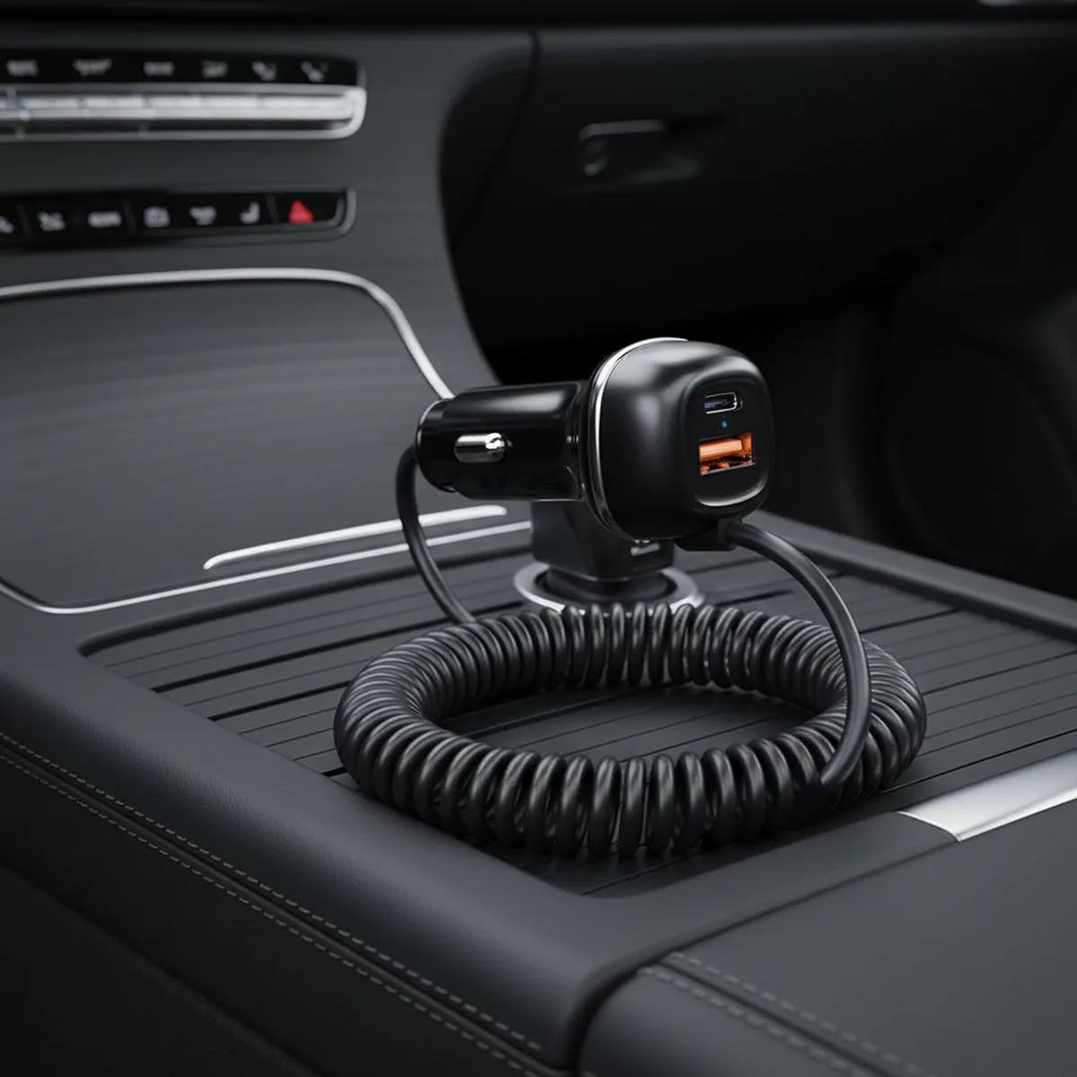 CC62 71W car charger with spring cable in a car centre console