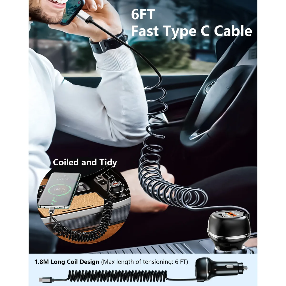 CC62 71W car charger with 6FT extended Type-C cable in use