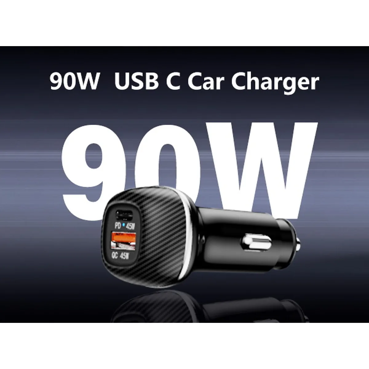 CC62 90W dual port car charger with 1.5m attached cable, aluminium alloy housing