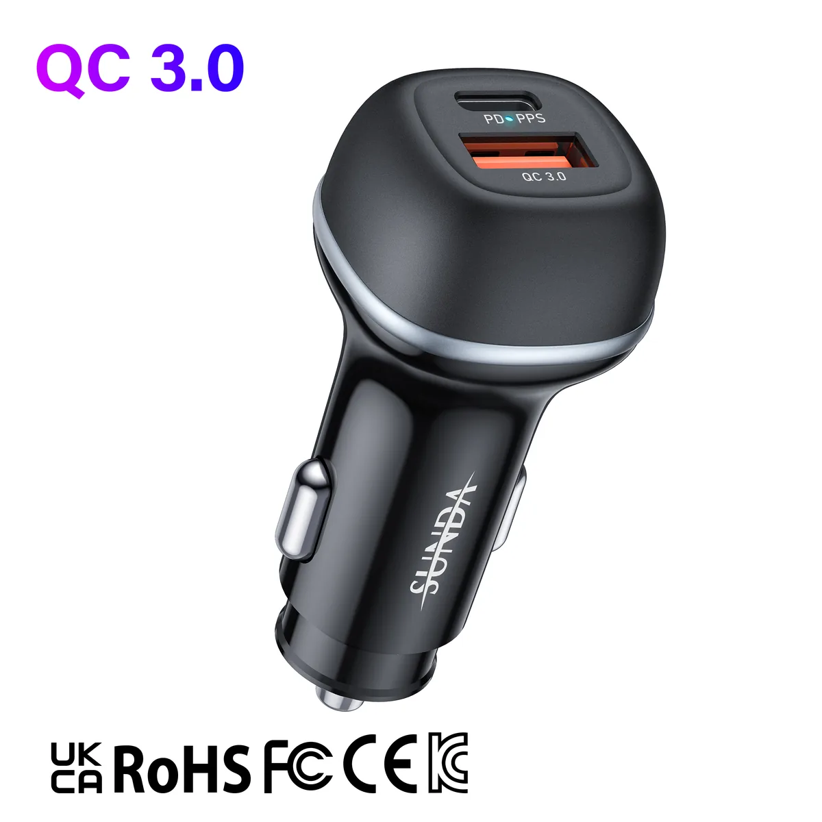 CC62 90W car charger with fixed cable, top view