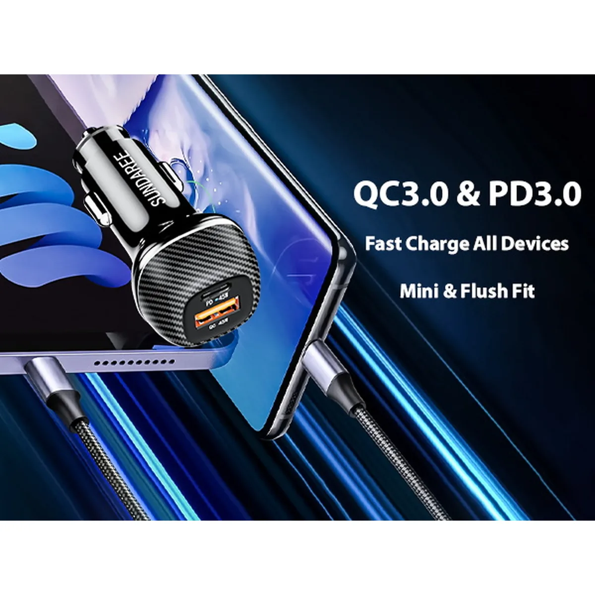 CC62 90W car charger supporting QC 3.0 and PD 3.0 fast charge protocols