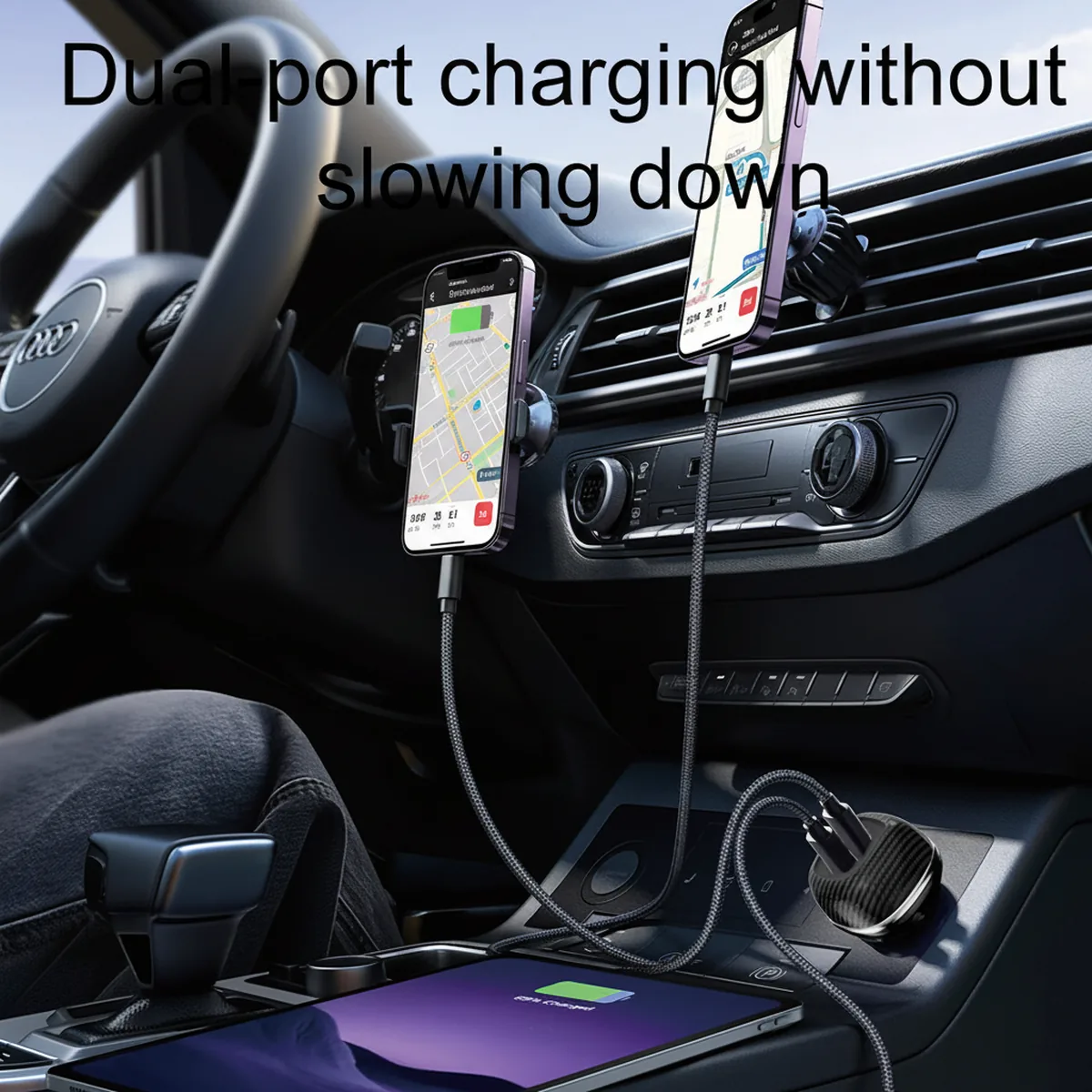 CC62 90W car charger charging a phone mounted on a car dashboard