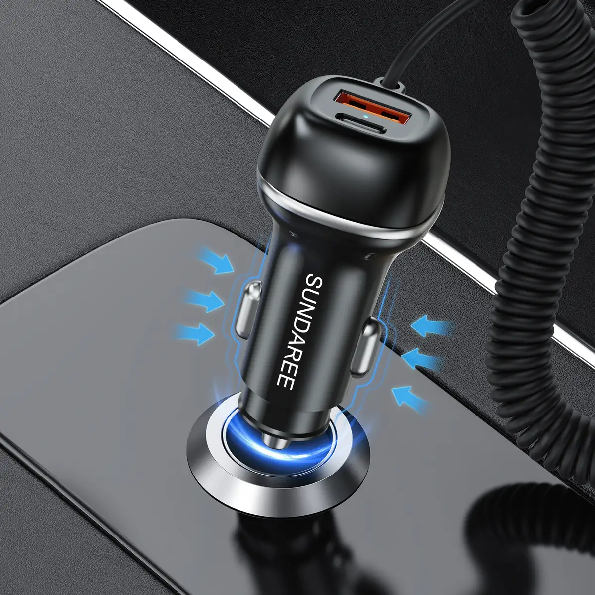 CC62 90W car charger with blue LED ring fitted in a vehicle socket
