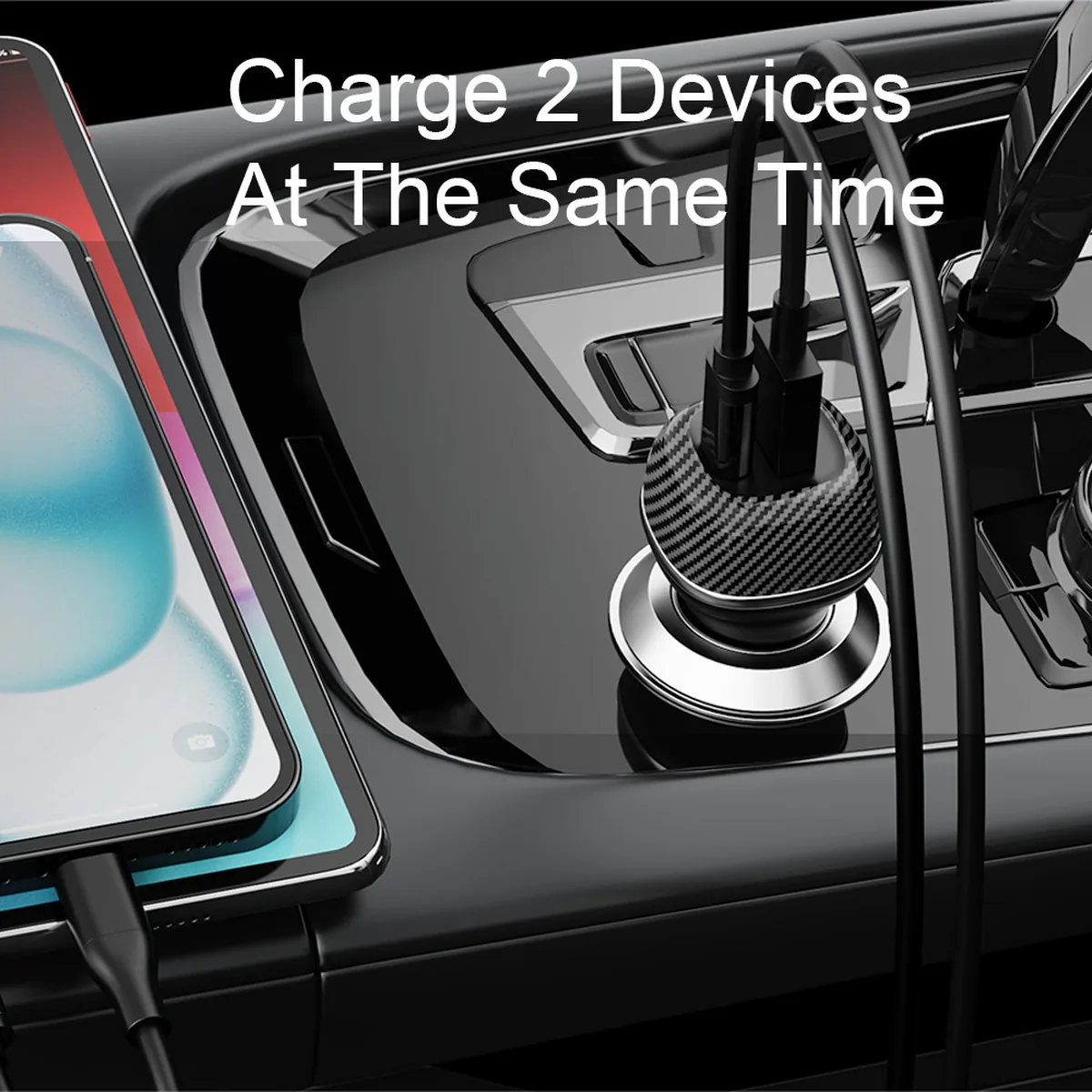 CC62 90W dual port car charger front view, two USB-C outputs