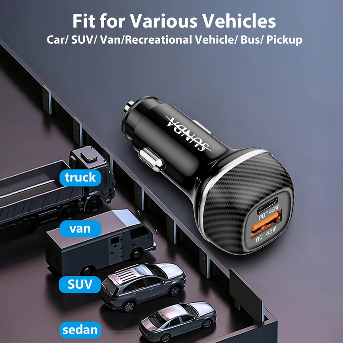 CC62 90W car charger fitting car, SUV, van, recreational vehicle, bus and pickup