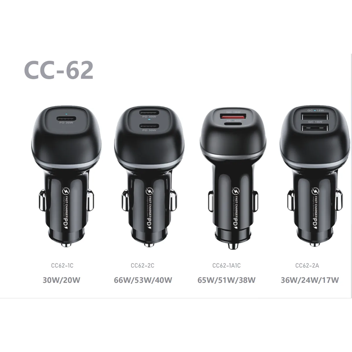 CC62 car charger range in four colour and port configurations