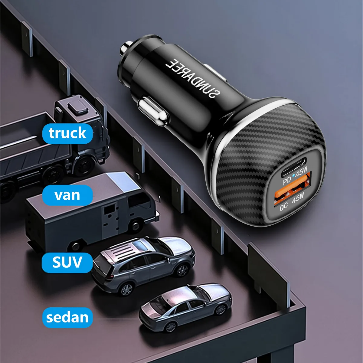 CC62 90W car charger fitting different vehicle socket types