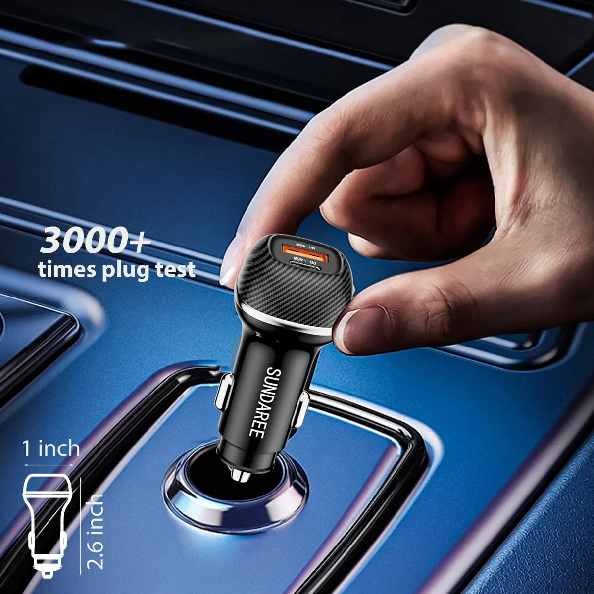 CC62 90W car charger rated for more than 3000 plugging cycles