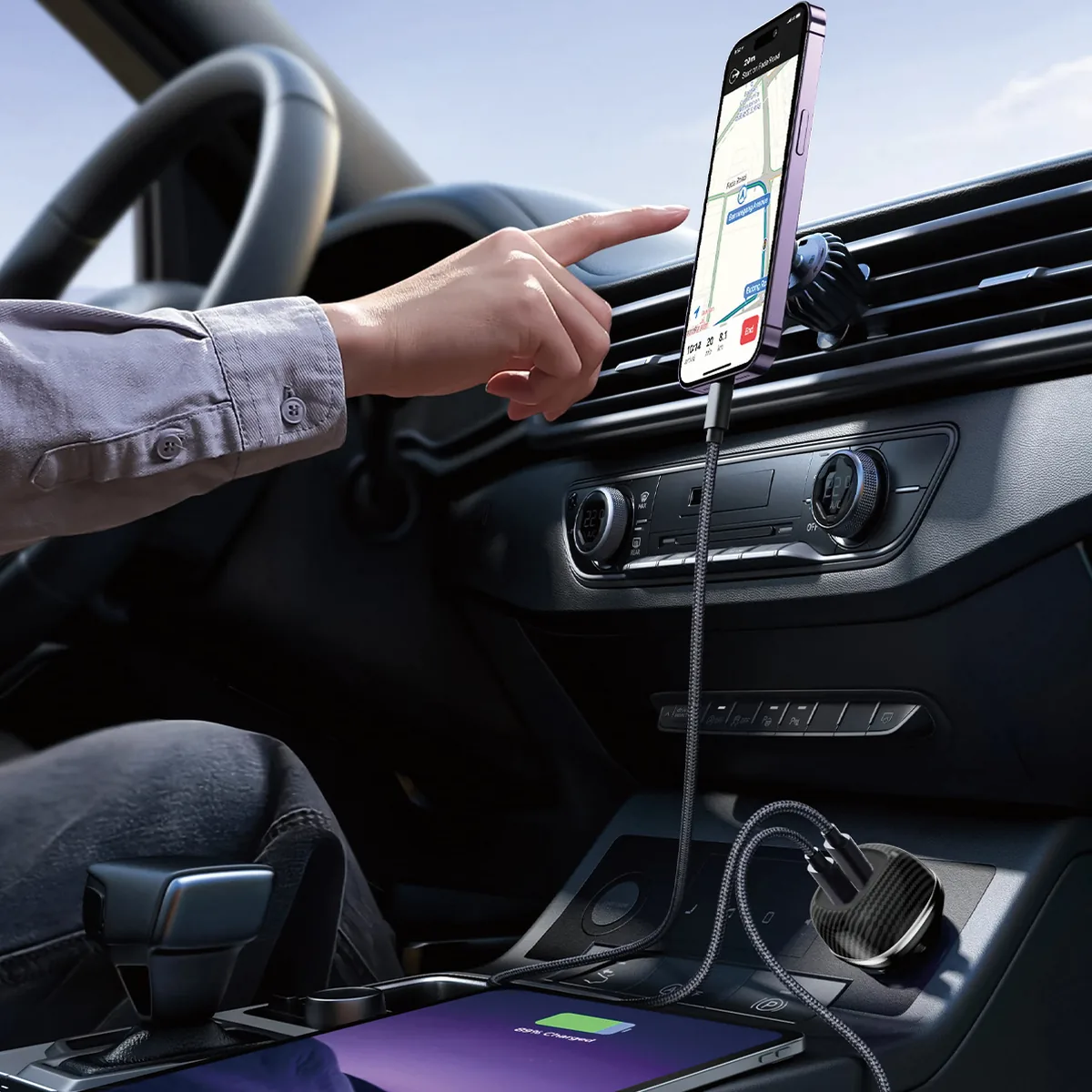 CC62 90W car charger charging a phone in a car interior