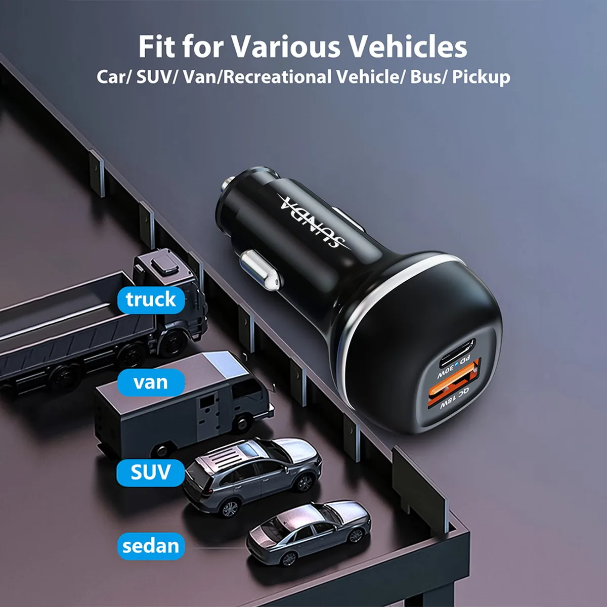 CC62 90W car charger suitable for sedan, SUV, van, bus and pickup