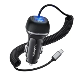 CC62 96W retractable car charger with dual built-in cables, front view
