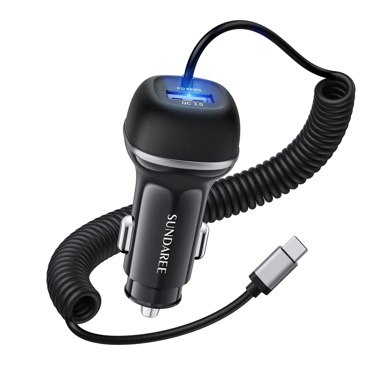 CC62 96W retractable car charger with dual built-in cables, front view