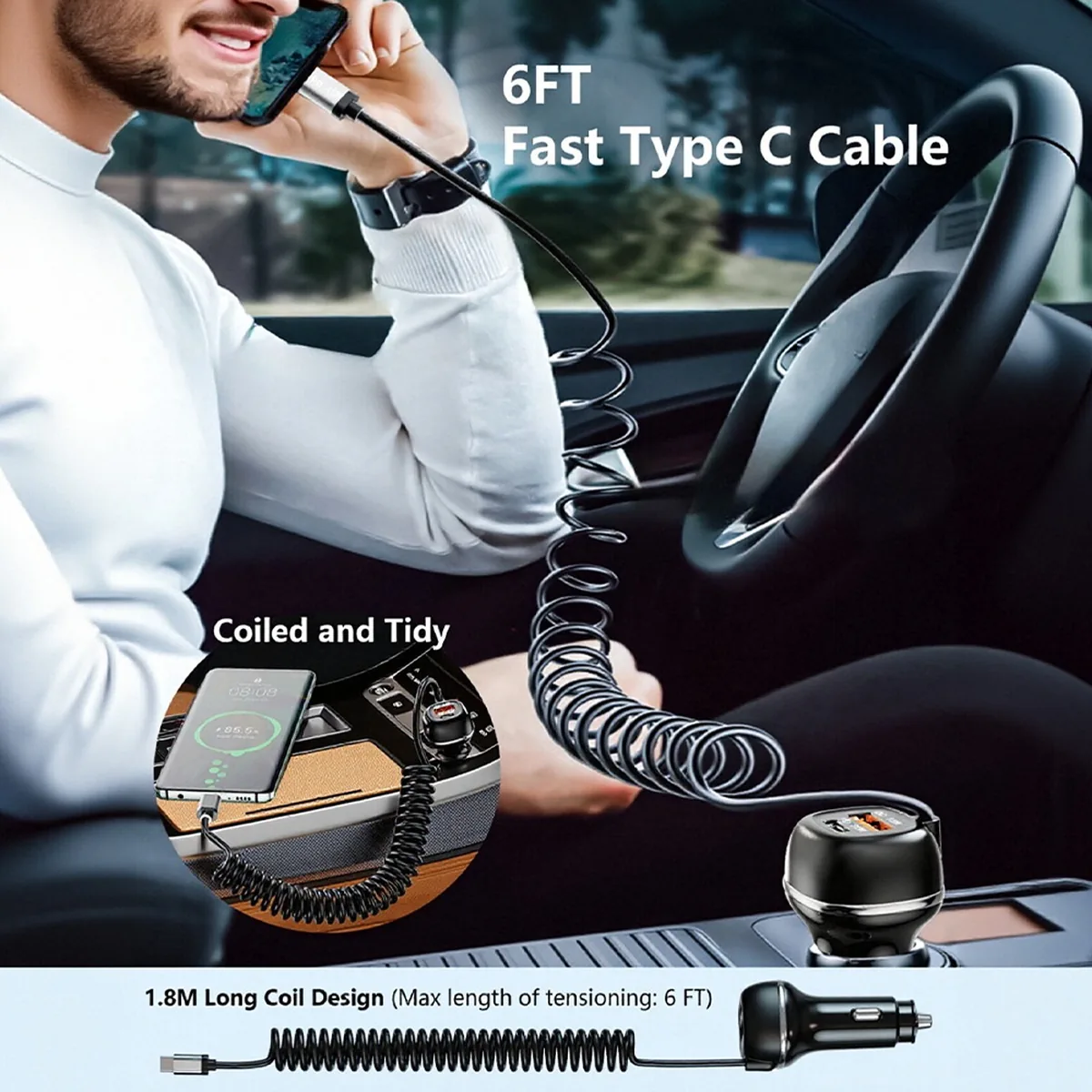 CC62 96W car charger with 6FT coiled Type-C cable reaching the back seat