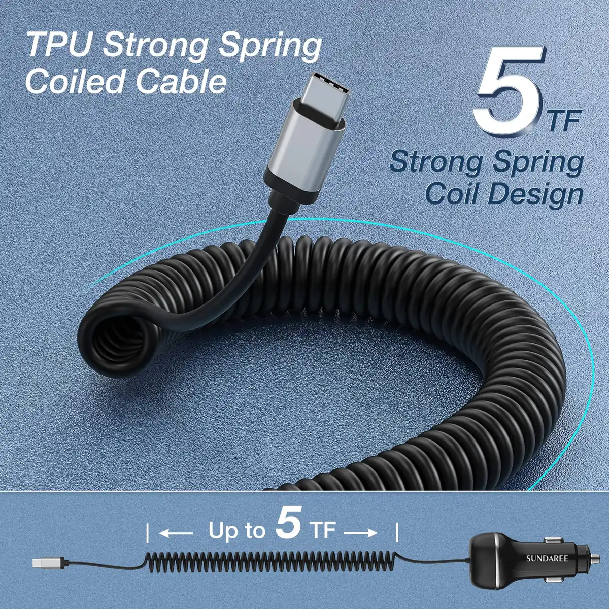 CC62 96W car charger TPU strong spring coiled cable, 5FT long