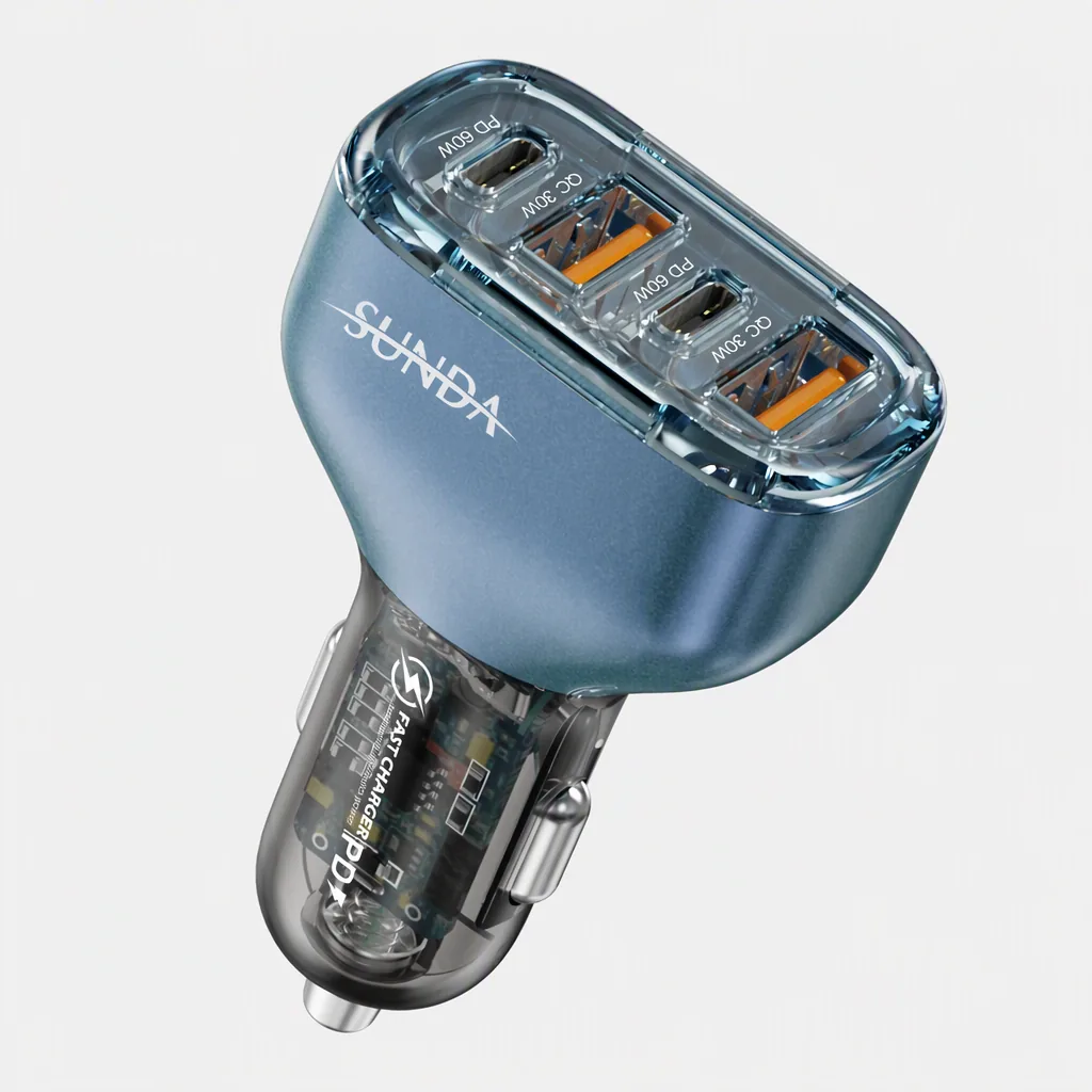 SUNDA CC68 120W transparent 4-port car charger with 2 USB-A and 2 USB-C ports